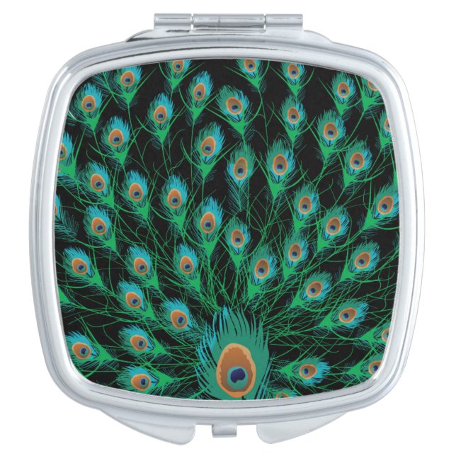 Illustration With Peacock Feathers on Black Compact Mirror (Front)