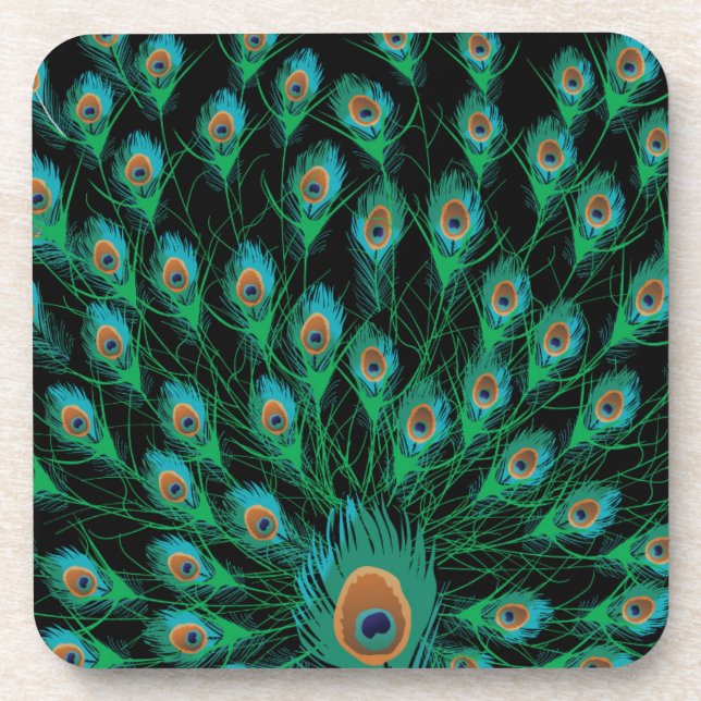 Illustration With Peacock Feathers on Black Drink Coaster (Front)