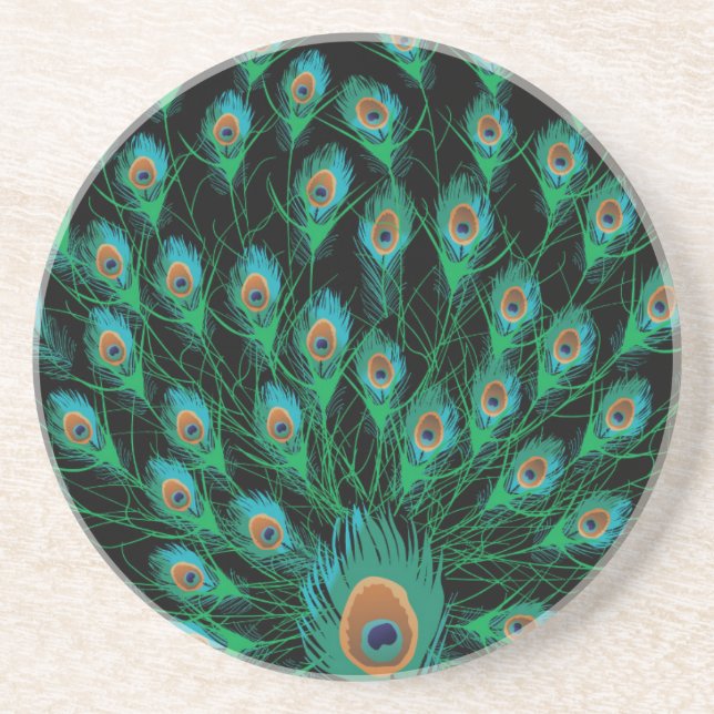 Illustration With Peacock Feathers on Black Drink Coaster (Front)