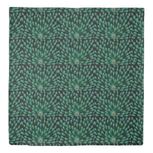 Illustration With Peacock Feathers on Black Duvet Cover