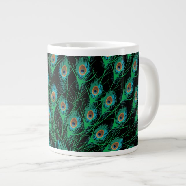 Illustration With Peacock Feathers on Black Giant Coffee Mug (Front Right)