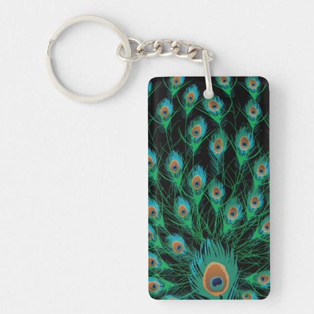 Illustration With Peacock Feathers on Black Keychain (Front)