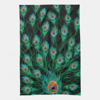 Illustration With Peacock Feathers on Black Kitchen Towel