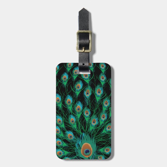 Illustration With Peacock Feathers on Black Luggage Tag (Front Vertical)