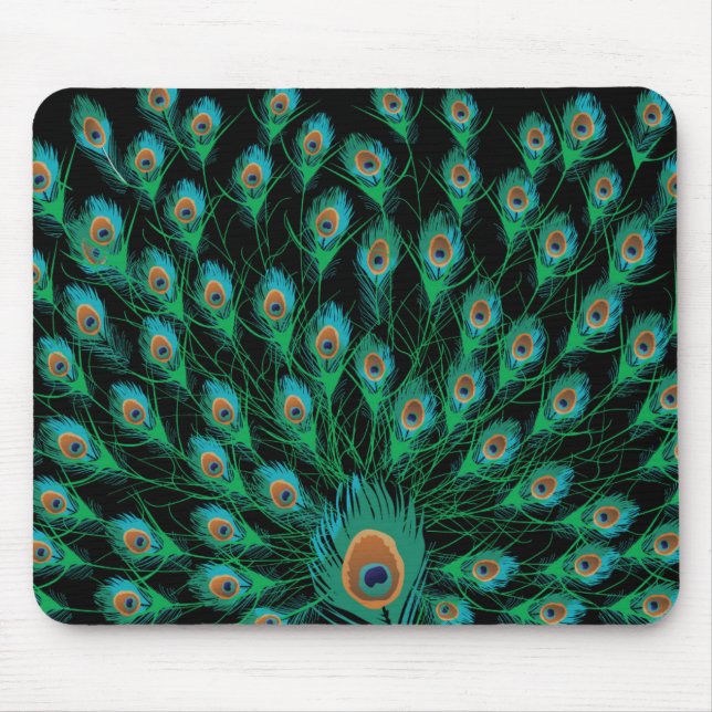 Illustration With Peacock Feathers on Black Mouse Pad (Front)