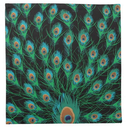 Illustration With Peacock Feathers on Black Napkin