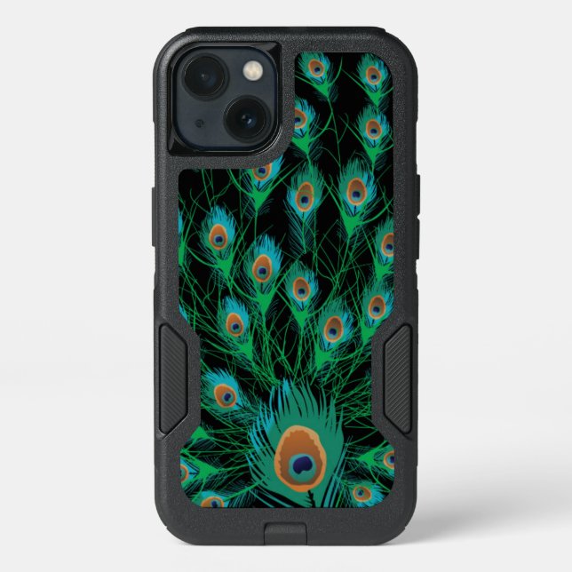 Illustration With Peacock Feathers on Black Otterbox iPhone Case (Back)