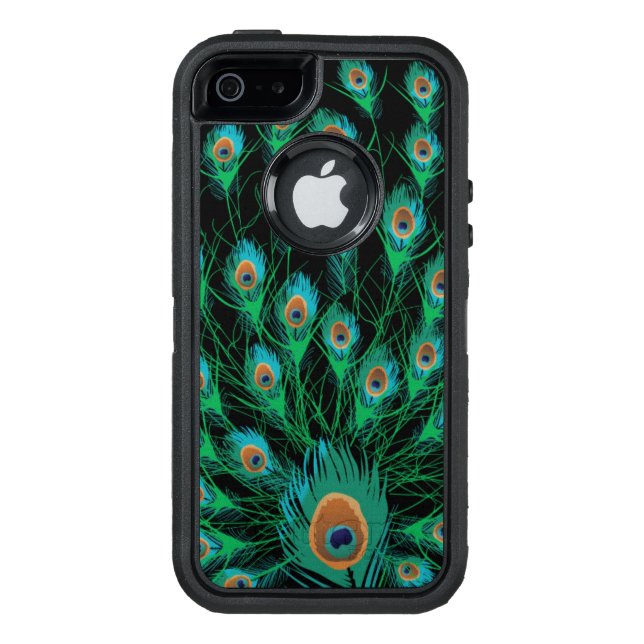 Illustration With Peacock Feathers on Black Otterbox iPhone Case (Back)