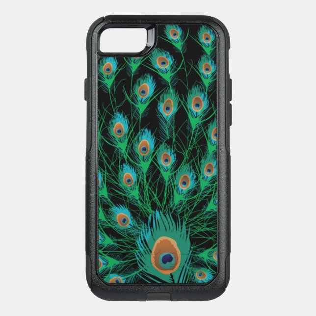 Illustration With Peacock Feathers on Black Otterbox iPhone Case (Back)