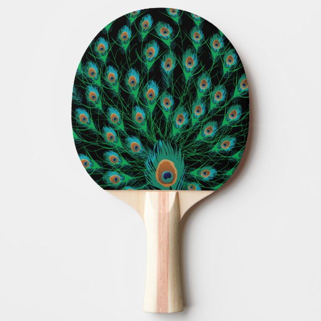 Illustration With Peacock Feathers on Black Ping Pong Paddle (Front)