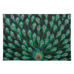 Illustration With Peacock Feathers on Black Placemat