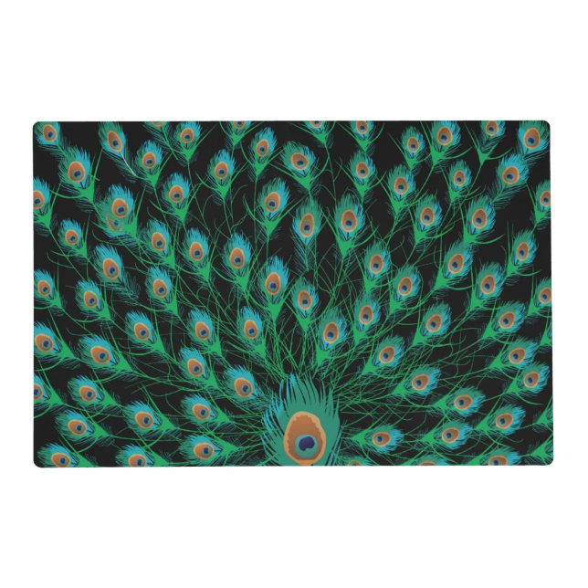 Illustration With Peacock Feathers on Black Placemat (Front)