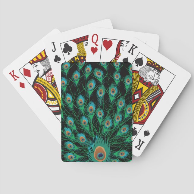 Illustration With Peacock Feathers on Black Poker Cards (Back)