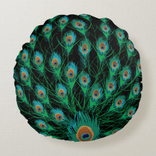 Illustration With Peacock Feathers on Black Round Pillow