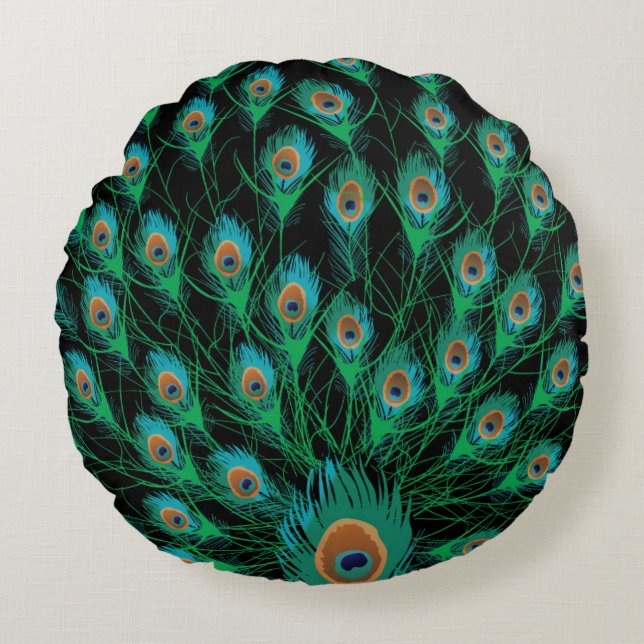 Illustration With Peacock Feathers on Black Round Pillow (Front)
