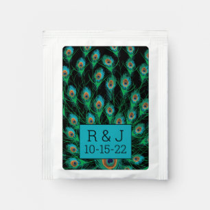 Illustration With Peacock Feathers on Black Tea Bag Drink Mix