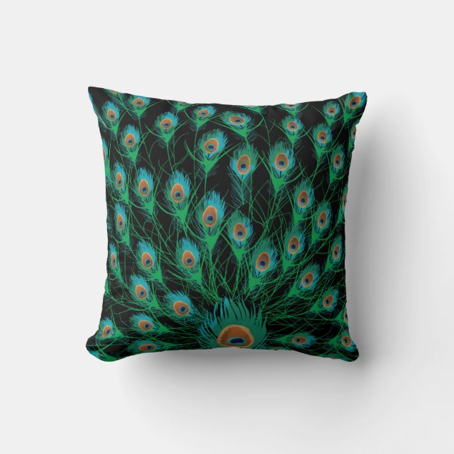 Illustration With Peacock Feathers on Black Throw Pillow (Front)