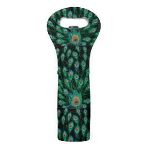 Illustration With Peacock Feathers on Black Wine Bag