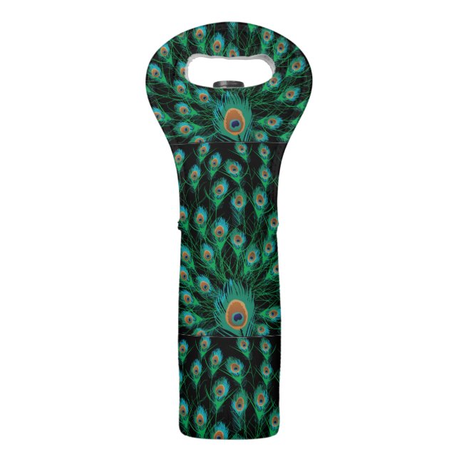 Illustration With Peacock Feathers on Black Wine Bag (Front)