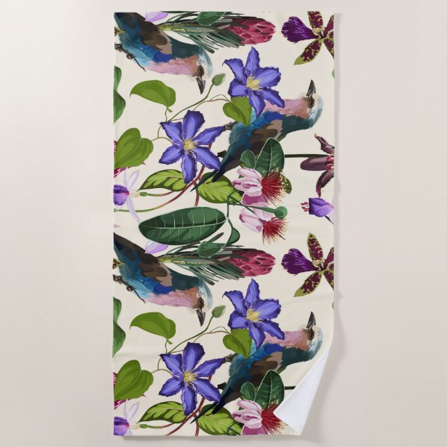 Illustrations of violet flower, tropical birds. beach towel (Front)