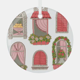 Illustrations with Vintage Windows: Artistic. Glass Ornament