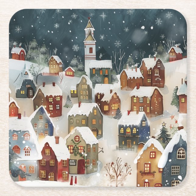 Illustrative Christmas city  Square Paper Coaster (Front)