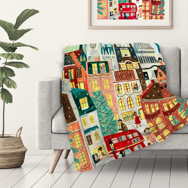 Illustrative London city in the snow Christmas Fleece Blanket (Creator Uploaded)