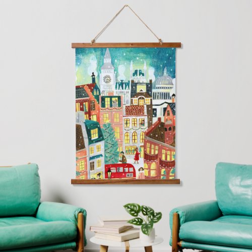 Illustrative London city in the snow Christmas Hanging Tapestry