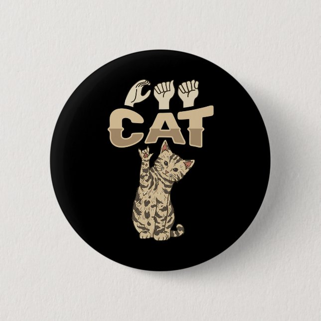 ILY Cat ASL Hand Gesture Deaf Hearing Loss Awarene Button (Front)