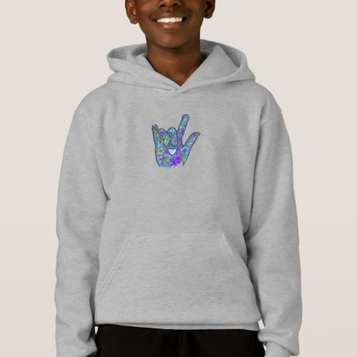 ILY Flowers Hand Three Blue Petals and Heart Hoodie