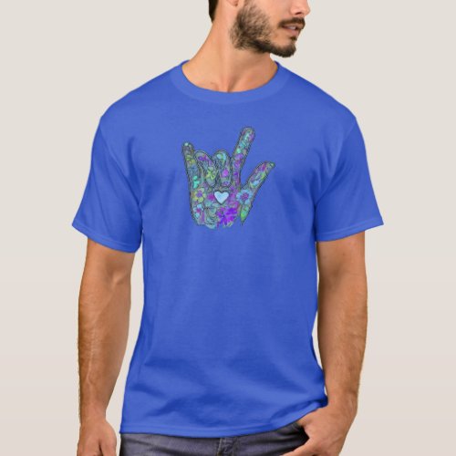 ILY Flowers Hand Three Blue Petals and Heart T_Shirt