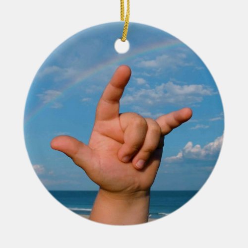 ILY hand under a rainbow  Sign Language Ceramic Ornament