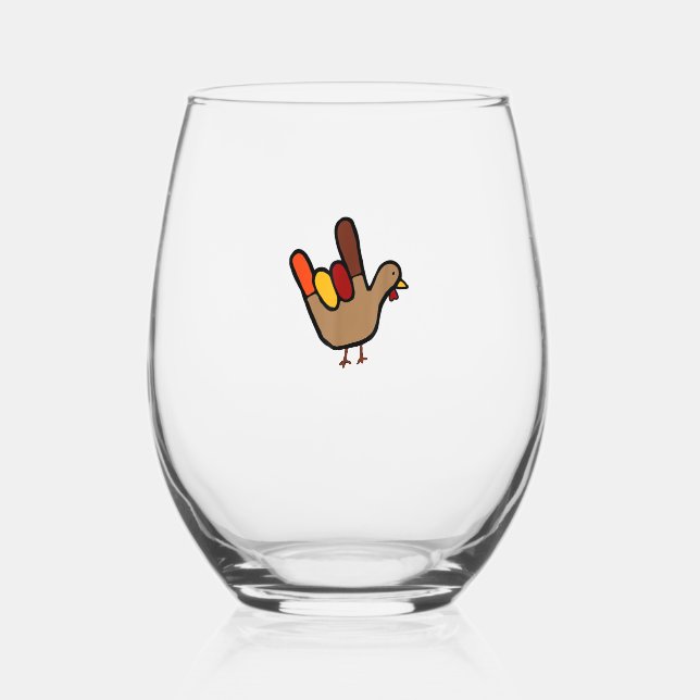 ILY Sign Language Hand Turkey Thanksgiving Holiday Stemless Wine Glass (Front)