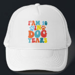 I'm 10 In Dog Years 70th Birthday Groovy Dog Lover Trucker Hat<br><div class="desc">I'm 10 In Dog Years 70th Birthday Vintage Groovy Dog Lovers Dog Lover Groovy design. This cool, vintage-inspired outfit brings a humorous touch to celebrations and showcases your love for dogs in a cute and funny way. Spread joy with our "I'm 10 In Dog Years" design present for son, daughter,...</div>