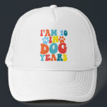 I'm 10 In Dog Years 70th Birthday Groovy Dog Lover Trucker Hat<br><div class="desc">I'm 10 In Dog Years 70th Birthday Vintage Groovy Dog Lovers Dog Lover Groovy design. This cool, vintage-inspired outfit brings a humorous touch to celebrations and showcases your love for dogs in a cute and funny way. Spread joy with our "I'm 10 In Dog Years" design present for son, daughter,...</div>