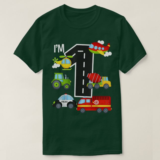 I'm 1 Birthday Boy 1st Bday Car Fire Truck Airplan T-Shirt (Design Front)