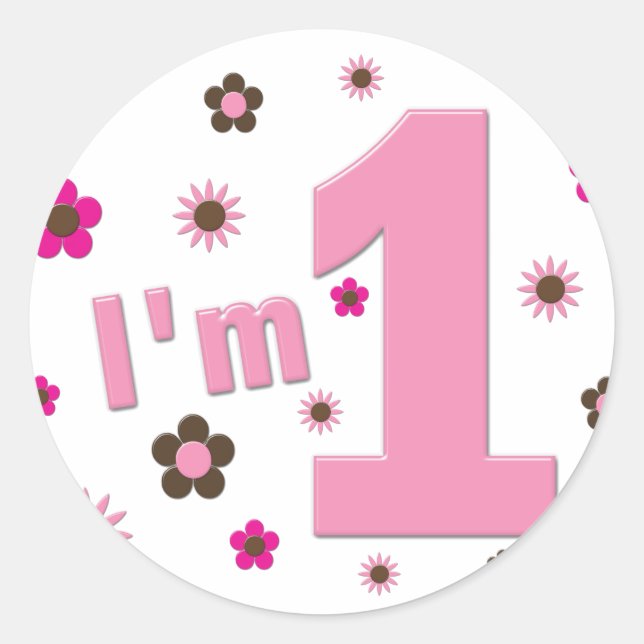 "I'm 1" Pink And Brown Flowers Birthday Classic Round Sticker (Front)