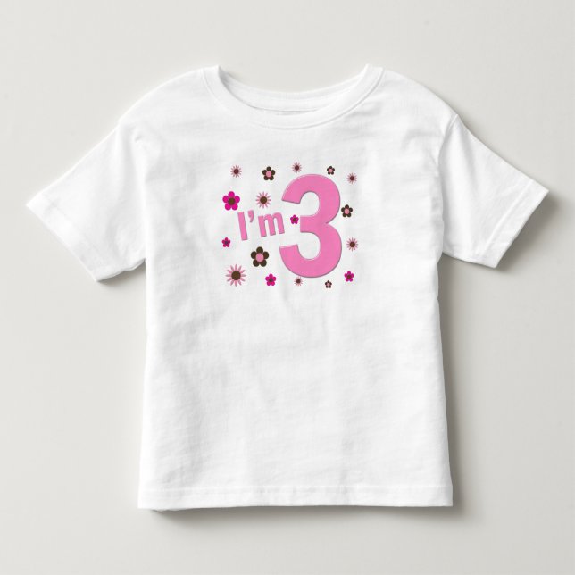 "I'm 3" Pink & Brown Flowers Toddler T-shirt (Front)