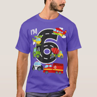 I'm 6 Birthday Boy 6th Bday Car Fire Truck Airplan T-Shirt