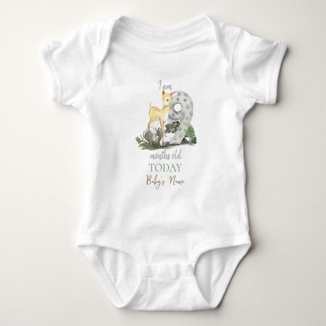 I'm "9" Months Old Quote Forest Theme Baby Deer Bodysuit (Front)
