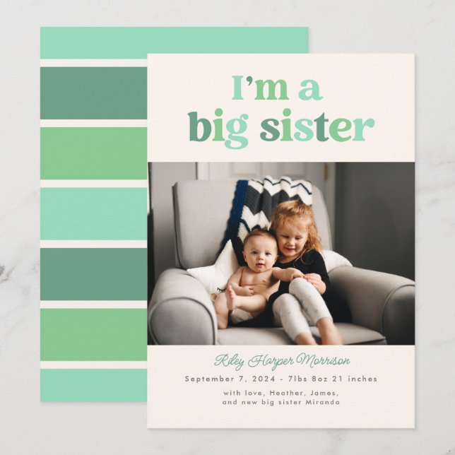 I'm a Big Sister (Green) Flat Announcement Card (Front/Back)