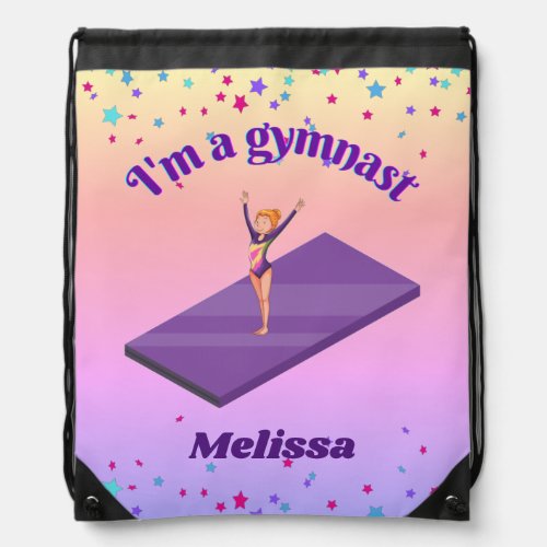 Im A Gymnast _ Girl w Leotard on Purple Gym Mat  Drawstring Bag