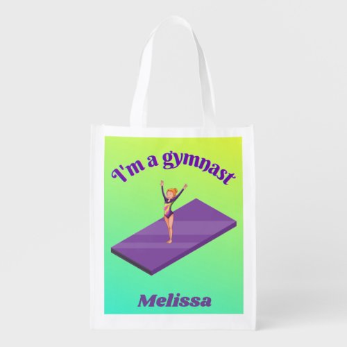 Im A Gymnast _ Girl w Leotard on Purple Gym Mat  Grocery Bag