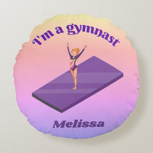 Im A Gymnast _ Girl w Leotard on Purple Gym Mat  Round Pillow