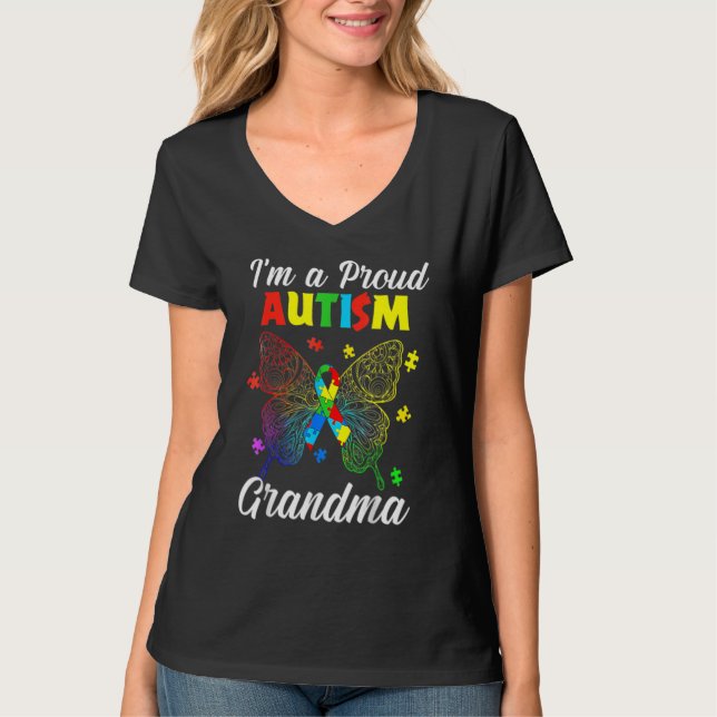 I'm A Proud Autism Grandma Puzzle Ribbon Butterfly T-Shirt (Front)