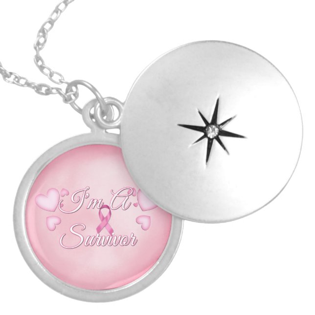 "I'm A Survivor" Breast Cancer Silver Locket Necklace (Front)