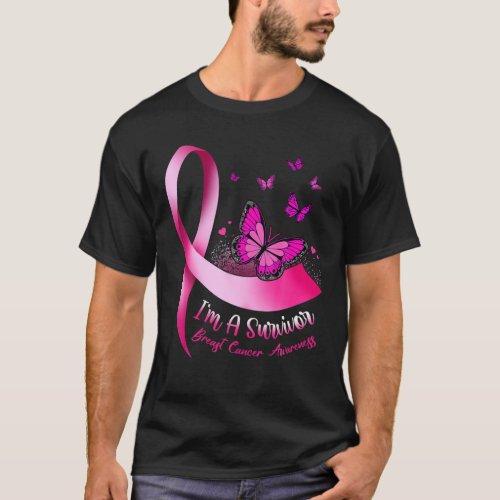 Im A Survivor Butterfly Pink Ribbon Cancer Breast T_Shirt