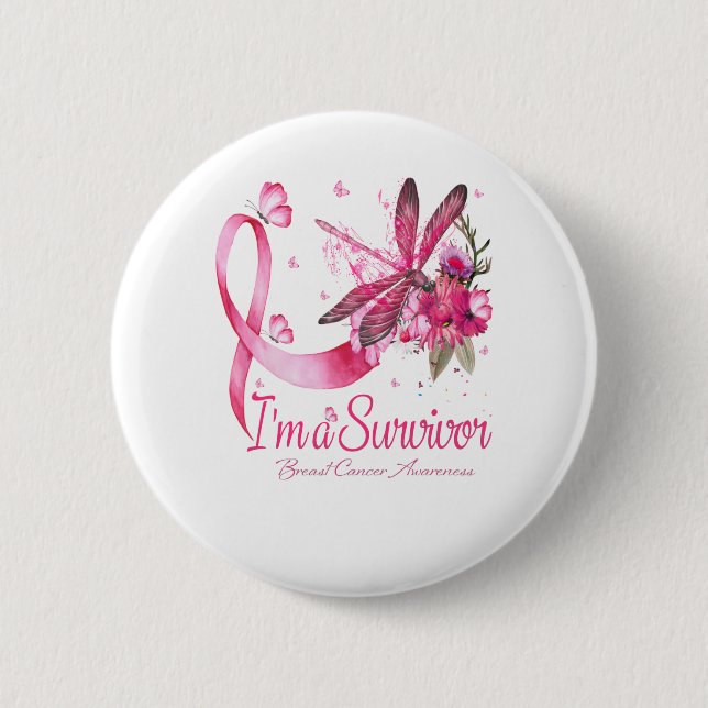 I'm A Survivor Dragonfly Breast Cancer Awareness Button (Front)