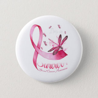 I'm A Survivor Dragonfly Pink Ribbon Breast Cancer Button
