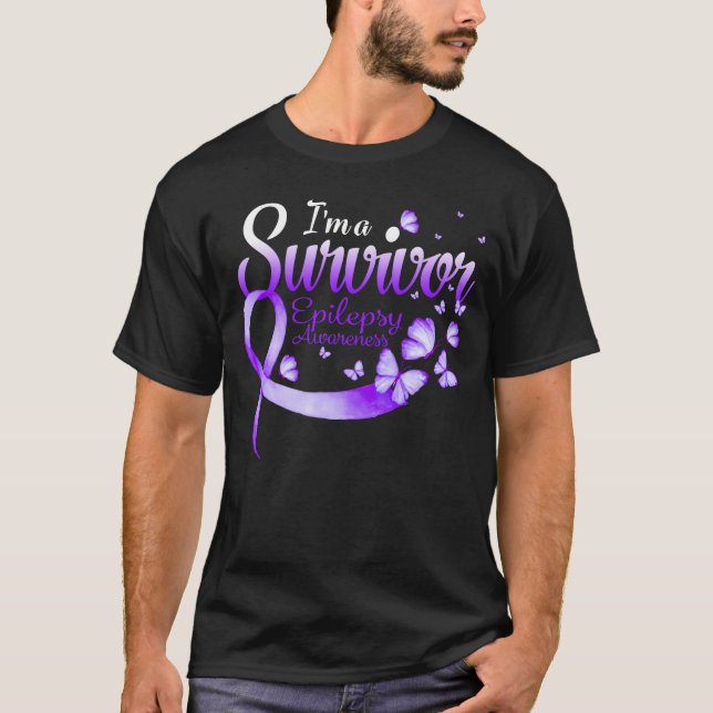 I'm A Survivor Epilepsy Awareness Butterfly Ribbon T-Shirt (Front)